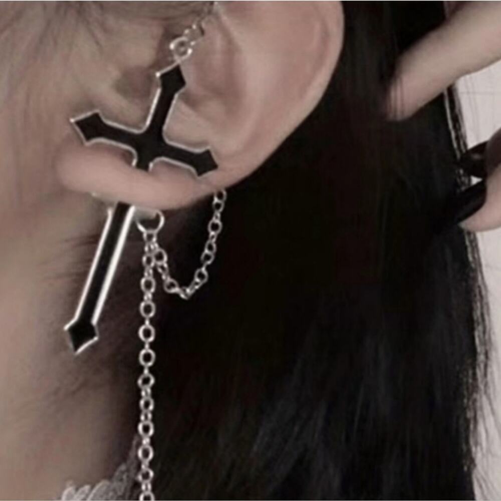 Gothic cross black and & silver illusion chain earring, sold individually